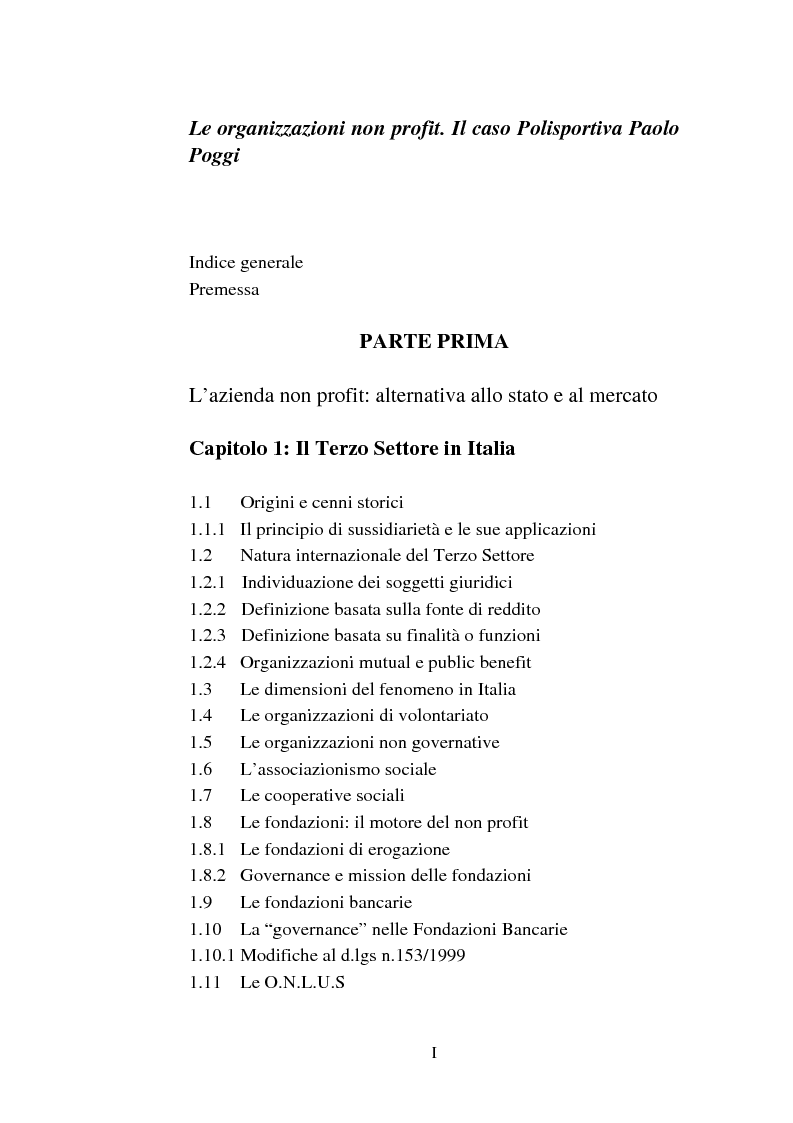 Indice della tesi: Le organizzazioni non profit. Il caso polisportiva Paolo Poggi, Pagina 1