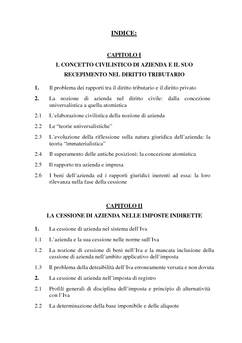 Indice della tesi: La cessione di azienda nel diritto tributario, Pagina 1