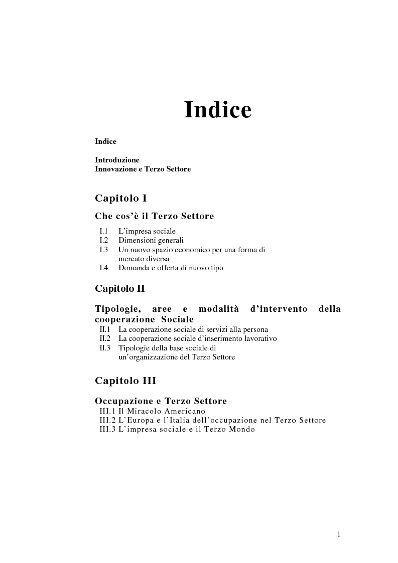 Indice della tesi: La sfida del terzo settore tra stato e mercato, Pagina 1