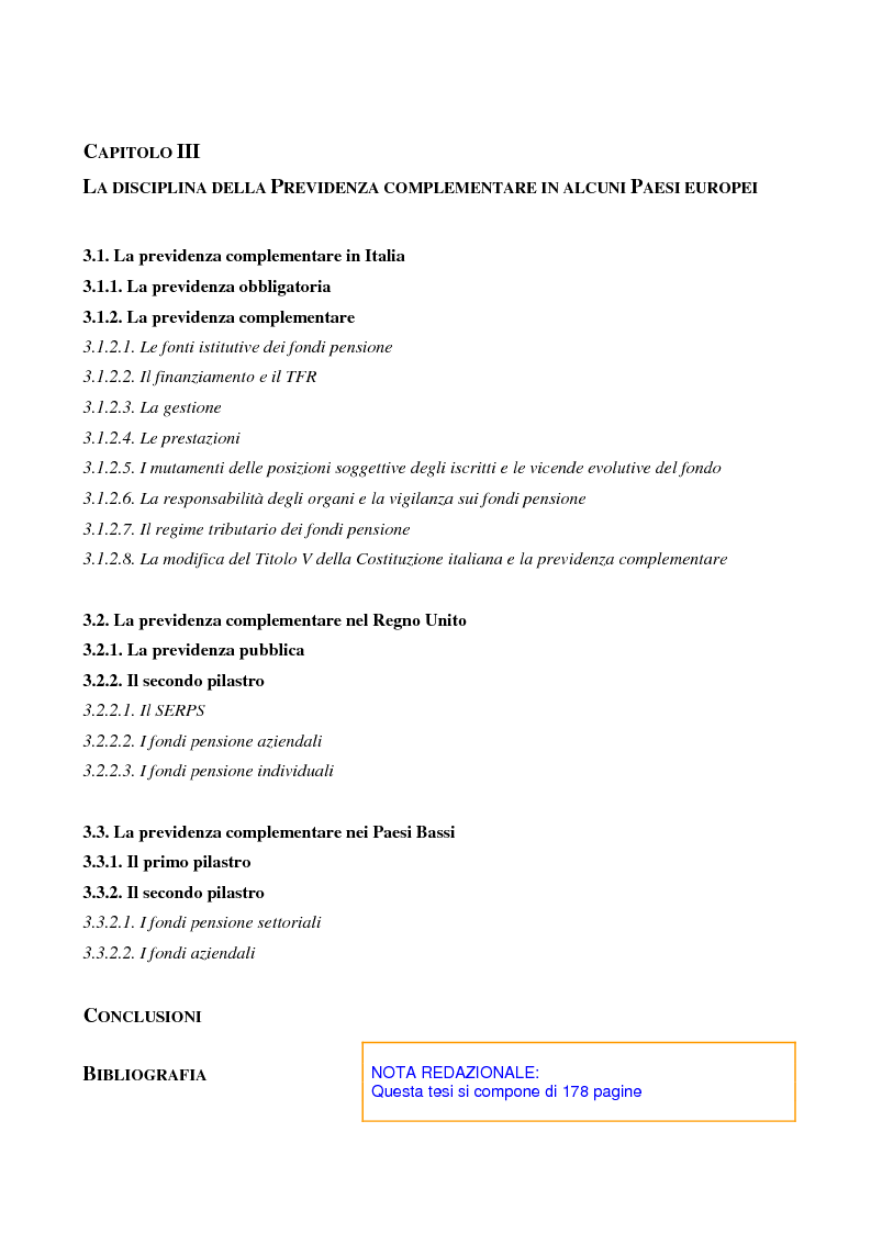 Indice della tesi: La previdenza complementare nei sistemi di sicurezza sociale europei, Pagina 3