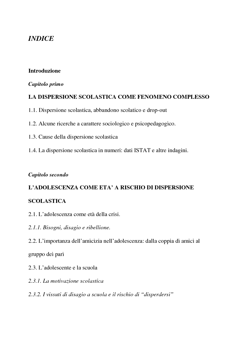 Indice della tesi: Il gruppo come strumento di prevenzione della dispersione scolastica e del disagio adolescenziale, Pagina 1