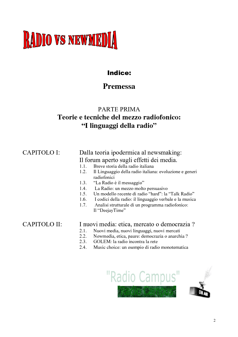Indice della tesi: Radio Vs New Media (la radio e i nuovi media), Pagina 1