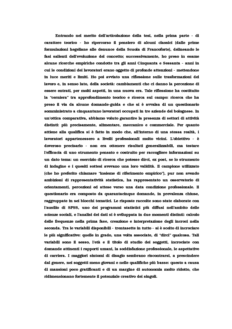 Anteprima della tesi: Alienazione e lavoro: il problema dell'alienazione nello scenario lavorativo post-industriale. Un approfondimento teorico e una ricerca empirica, Pagina 6