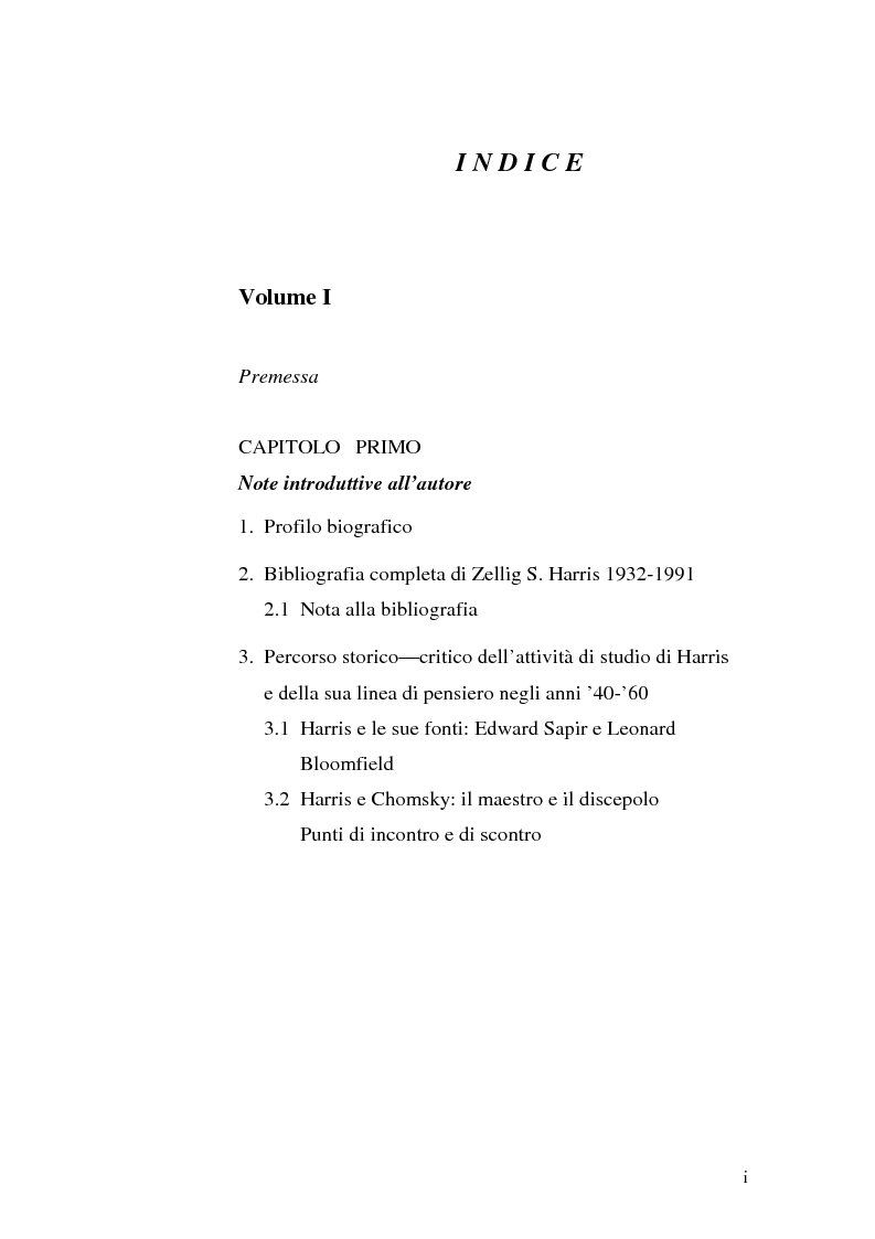 Indice della tesi: Il metalinguaggio di Zellig S. Harris nel periodo 1940-1951, Pagina 1