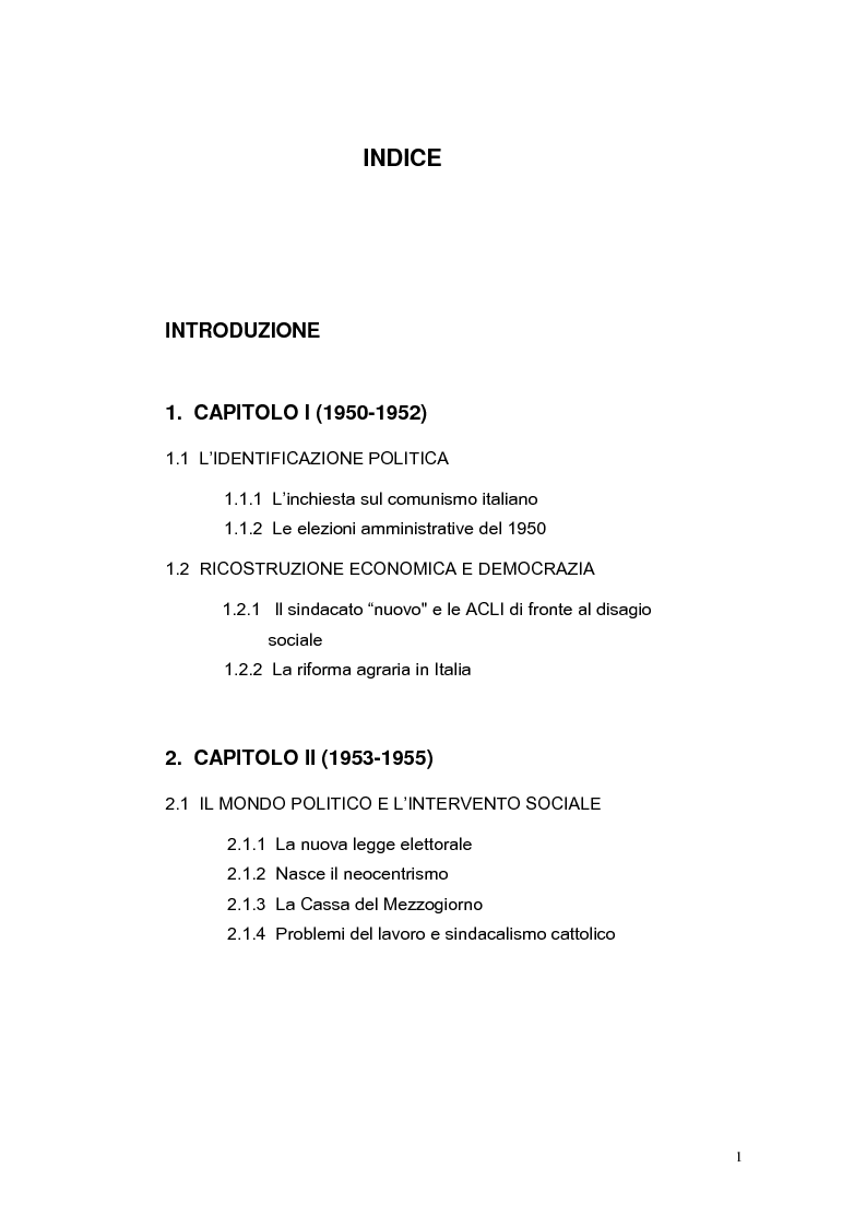 Indice della tesi: ''Aggiornamenti Sociali'' 1950-1963: un percorso attraverso i cambiamenti politico-sociali negli anni della ricostruzione e del boom economico, Pagina 1