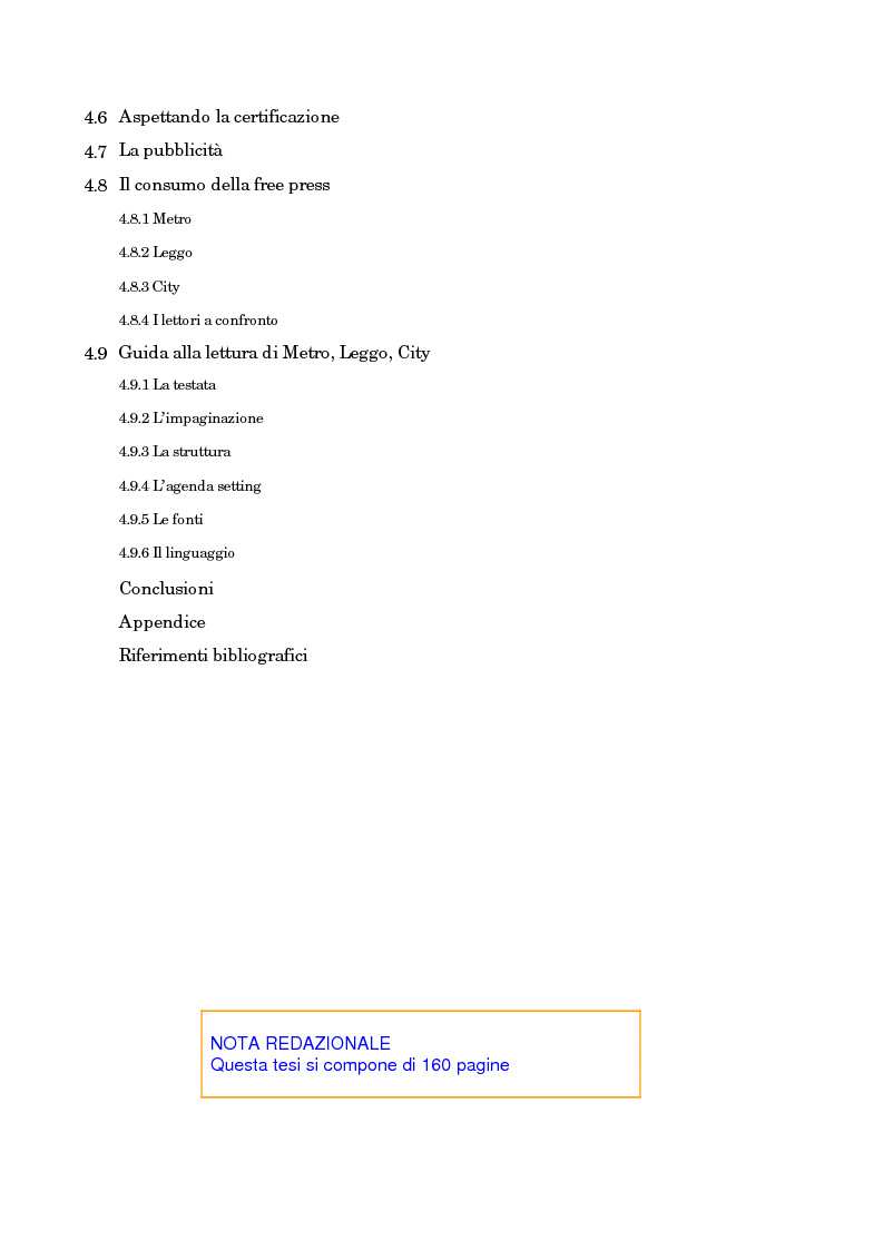 Indice della tesi: Leggo City in Metro. Viaggio nel fenomeno della free press, Pagina 3