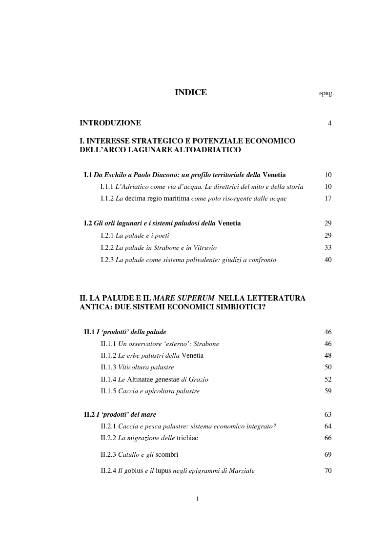 Indice della tesi: L'economia della palude e l'economia del mare nell'Alto Adriatico romano: immaginario antico e nuove prospettive esegetiche, Pagina 1