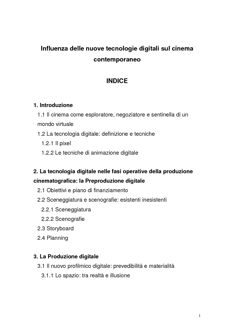 Indice della tesi: Influenza delle nuove tecnologie digitali sul cinema contemporaneo, Pagina 1