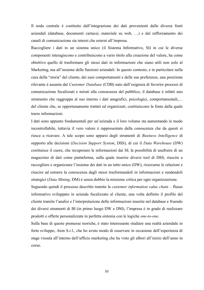 Anteprima della tesi: Gestire i dati per conoscere il cliente: utilizzo di database, data warehouse e data mining. Il caso Aton srl, Pagina 3