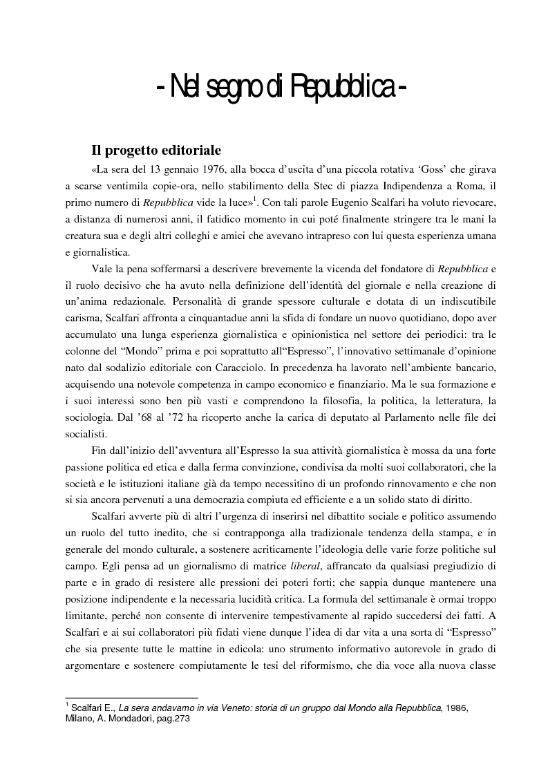 Anteprima della tesi: La prima e la seconda Repubblica. Un'analisi sulla nascita e l'evoluzione del quotidiano La Repubblica: da E. Scalfari a E. Mauro, Pagina 3