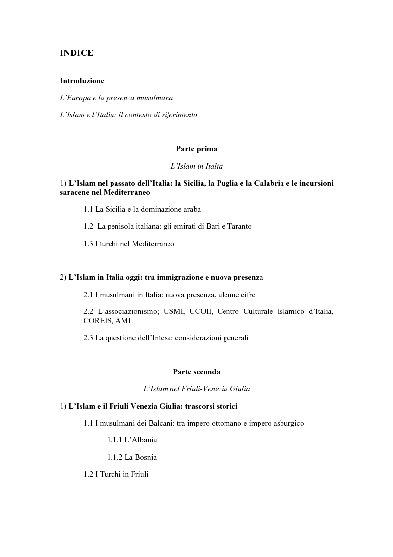 Indice della tesi: La presenza musulmana nel Friuli-Venezia Giulia: tra reminiscenza storica e nuova immigrazione, Pagina 1