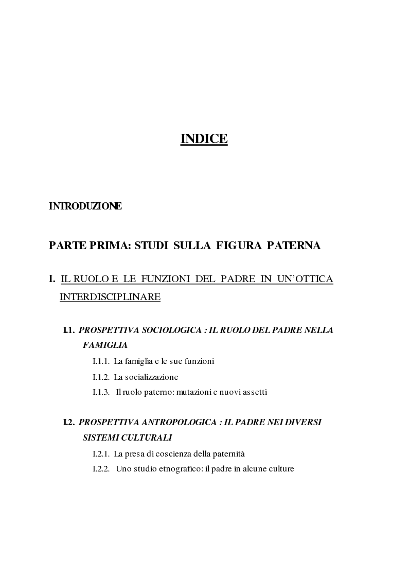 Indice della tesi: Assenza delle figura paterna e valutazione di sè in età evolutiva, Pagina 1