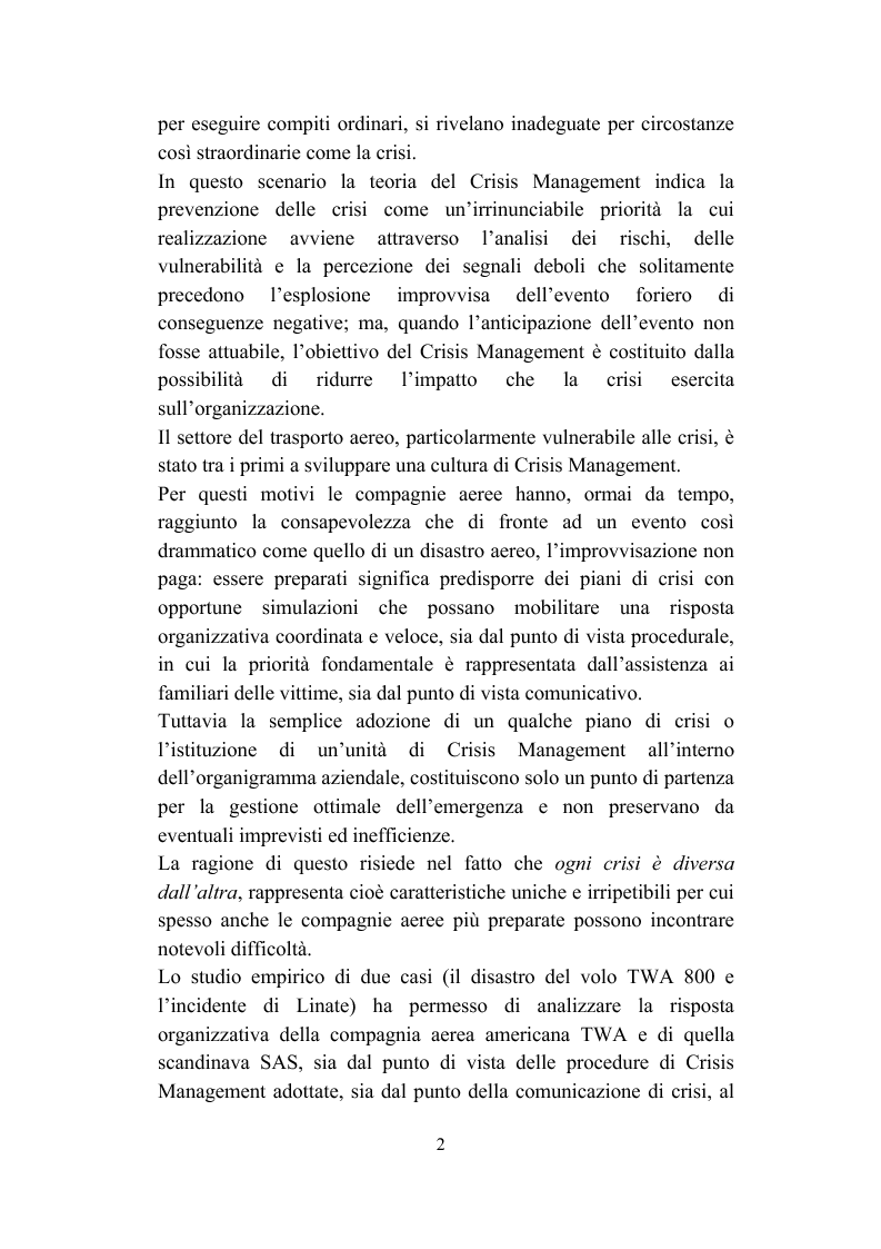 Anteprima della tesi: Il crisis management: disastri aerei e risposta organizzativa, Pagina 2