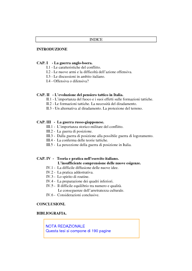 Indice della tesi: L’esperienza inutile. L’esempio dei conflitti anglo-boero e russo-giapponese e l’impreparazione italiana alla guerra di trincea (1900-1914), Pagina 1