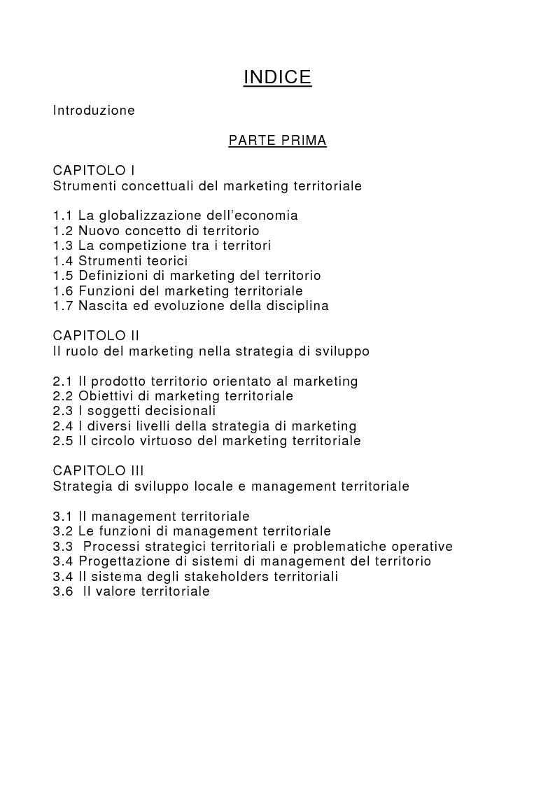 Indice della tesi: Marketing territoriale per lo sviluppo locale: il caso ''Corallo e Nuraghi'', Pagina 1