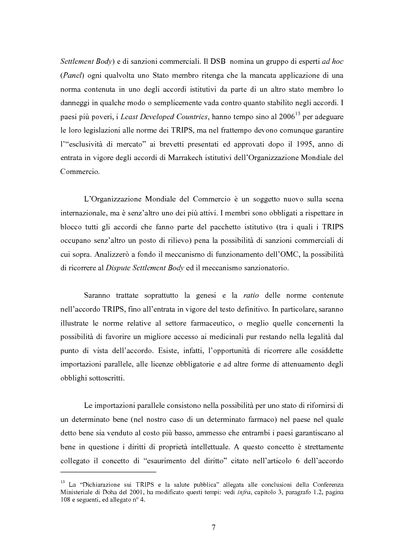 Anteprima della tesi: Sanità mondiale e proprietà intellettuale. Il futuro dell'accordo Trips relativo ai farmaci dopo il caso Sudafrica, Pagina 7