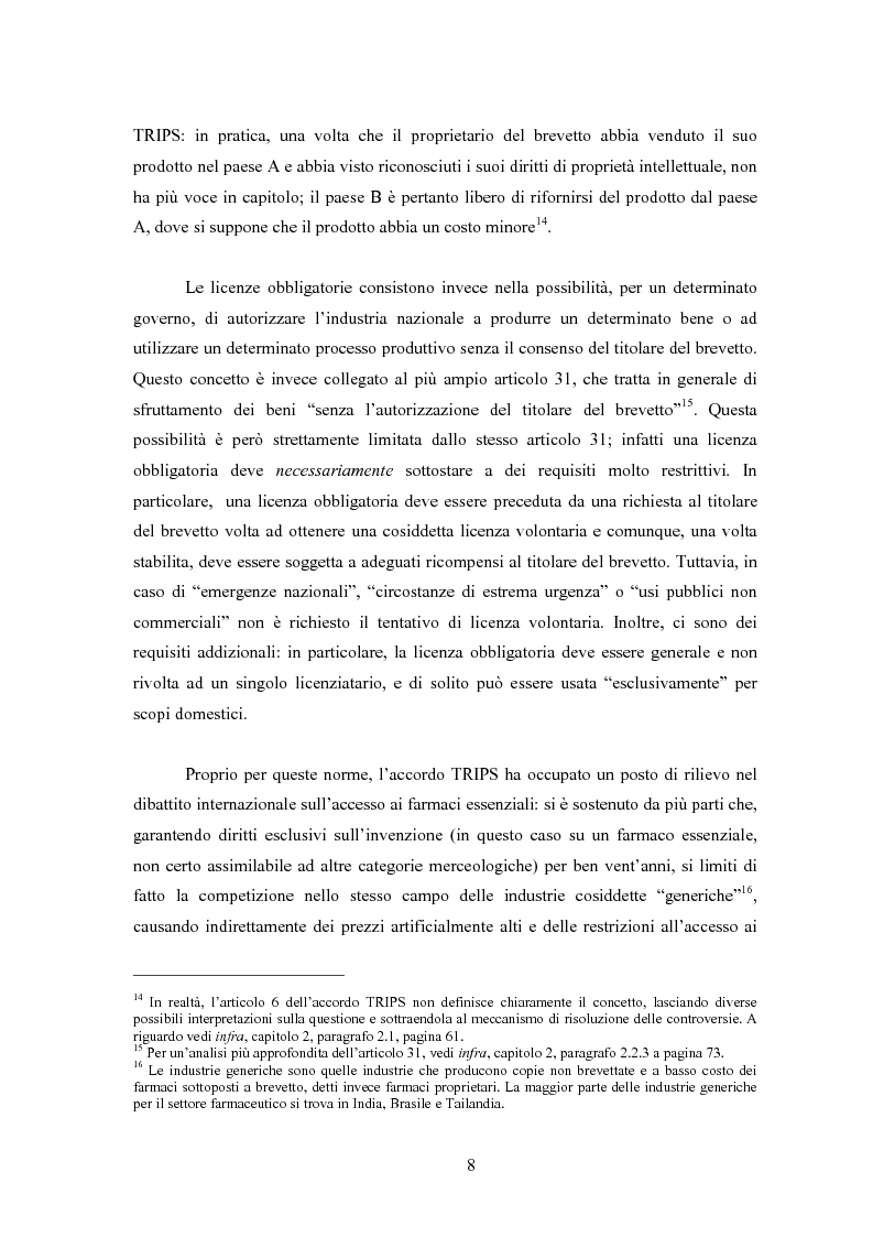 Anteprima della tesi: Sanità mondiale e proprietà intellettuale. Il futuro dell'accordo Trips relativo ai farmaci dopo il caso Sudafrica, Pagina 8