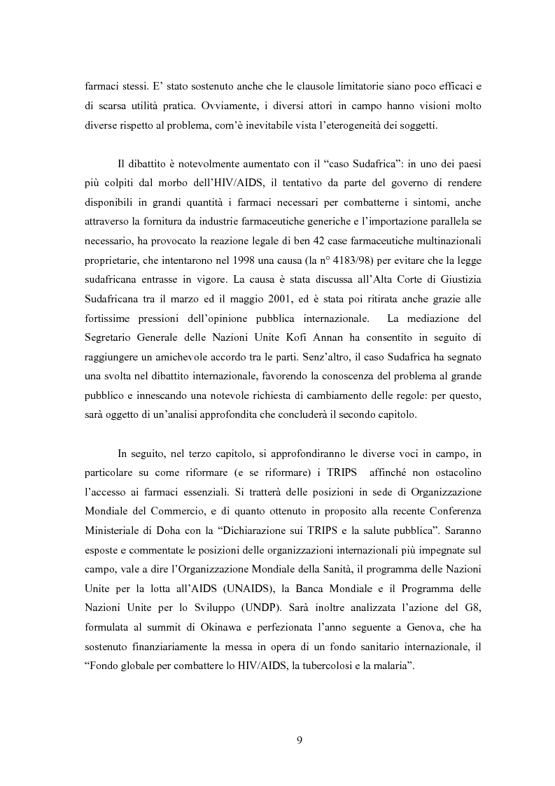 Anteprima della tesi: Sanità mondiale e proprietà intellettuale. Il futuro dell'accordo Trips relativo ai farmaci dopo il caso Sudafrica, Pagina 9