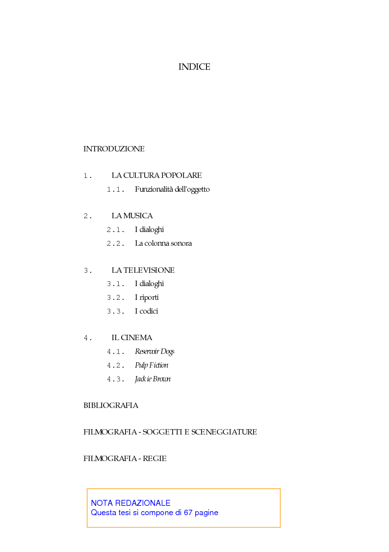 Indice della tesi: La citazione nel cinema di Quentin Tarantino, Pagina 1