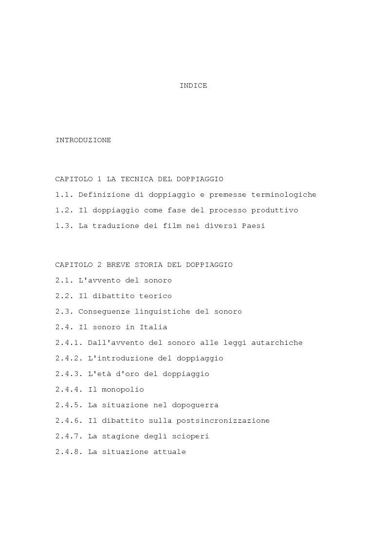 Indice della tesi: Il problema della traduzione nel doppiaggio cinematografico in Italia, Pagina 1