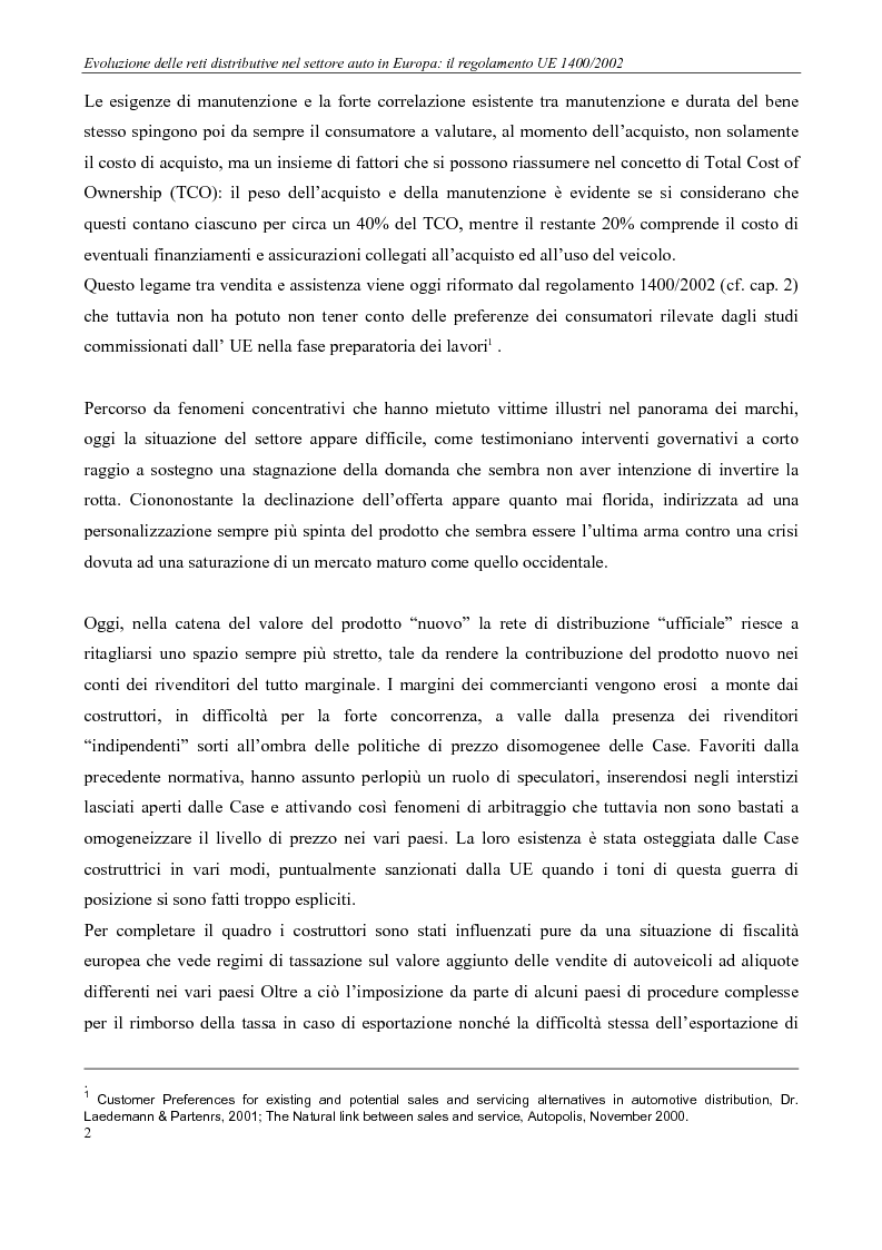 Anteprima della tesi: Evoluzione delle reti distributive nel settore auto in Europa: il reg. EU 1400/2002, Pagina 2
