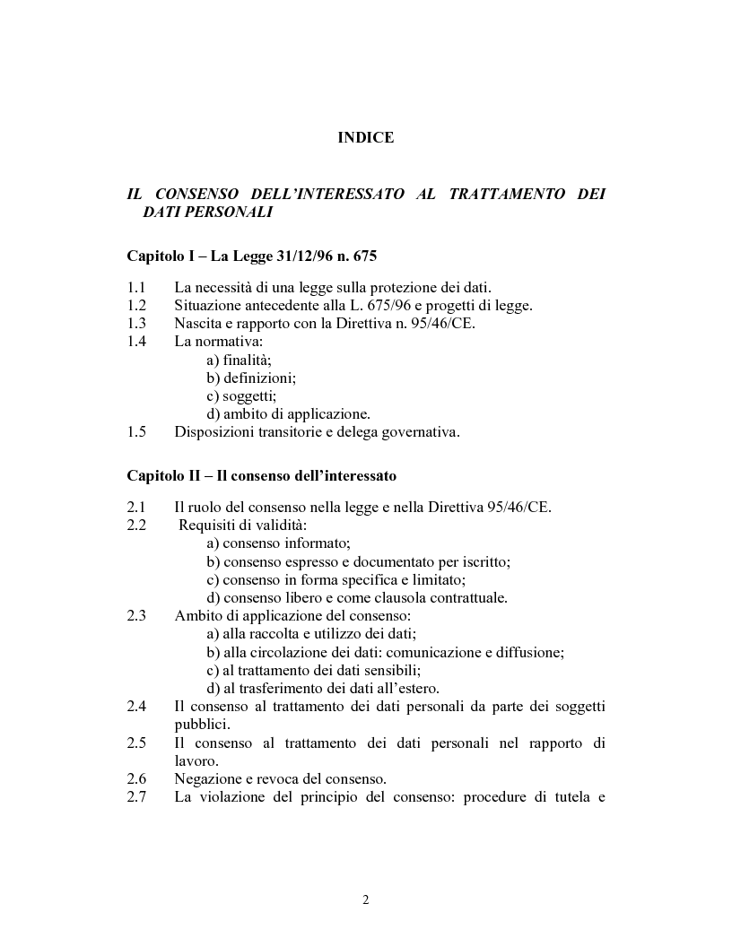 Indice della tesi: Il consenso dell'interessato al trattamento dei dati personali, Pagina 1