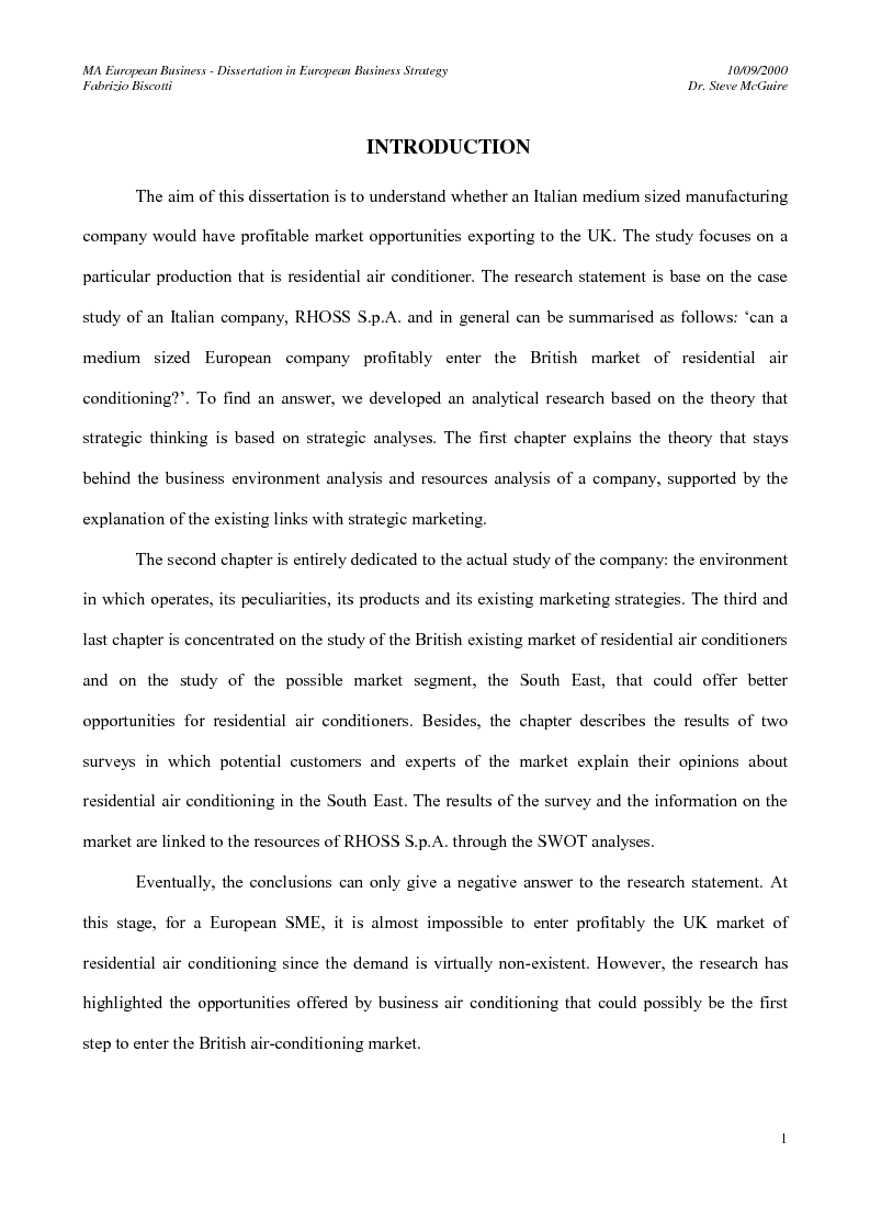 Anteprima della tesi: The market expansion opportunities for a European manufacturing company in a foreign European country: the case of an Italian air conditioning company, RHOSS S.p.A and the market opportunities in the UK, Pagina 4
