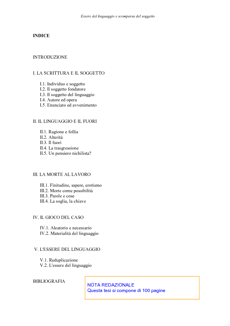 Indice della tesi: Essere del linguaggio e scomparsa del soggetto. Il linguaggio letterario in Michel Foucault, Pagina 1