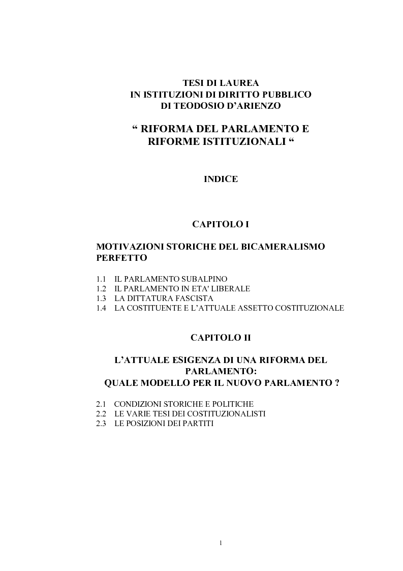 Indice della tesi: Riforma del Parlamento e riforme istituzionali, Pagina 1