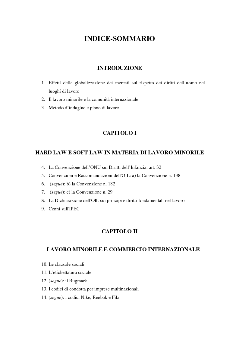 Indice della tesi: La globalizzazione dei mercati e il lavoro minorile alla luce della normativa internazionale in materia di diritti dell'uomo, Pagina 1