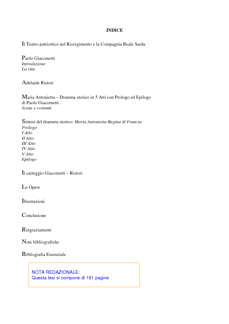 Indice della tesi: Maria Antonietta di Paolo Giacometti. Storia di una drammaturgia, Pagina 1