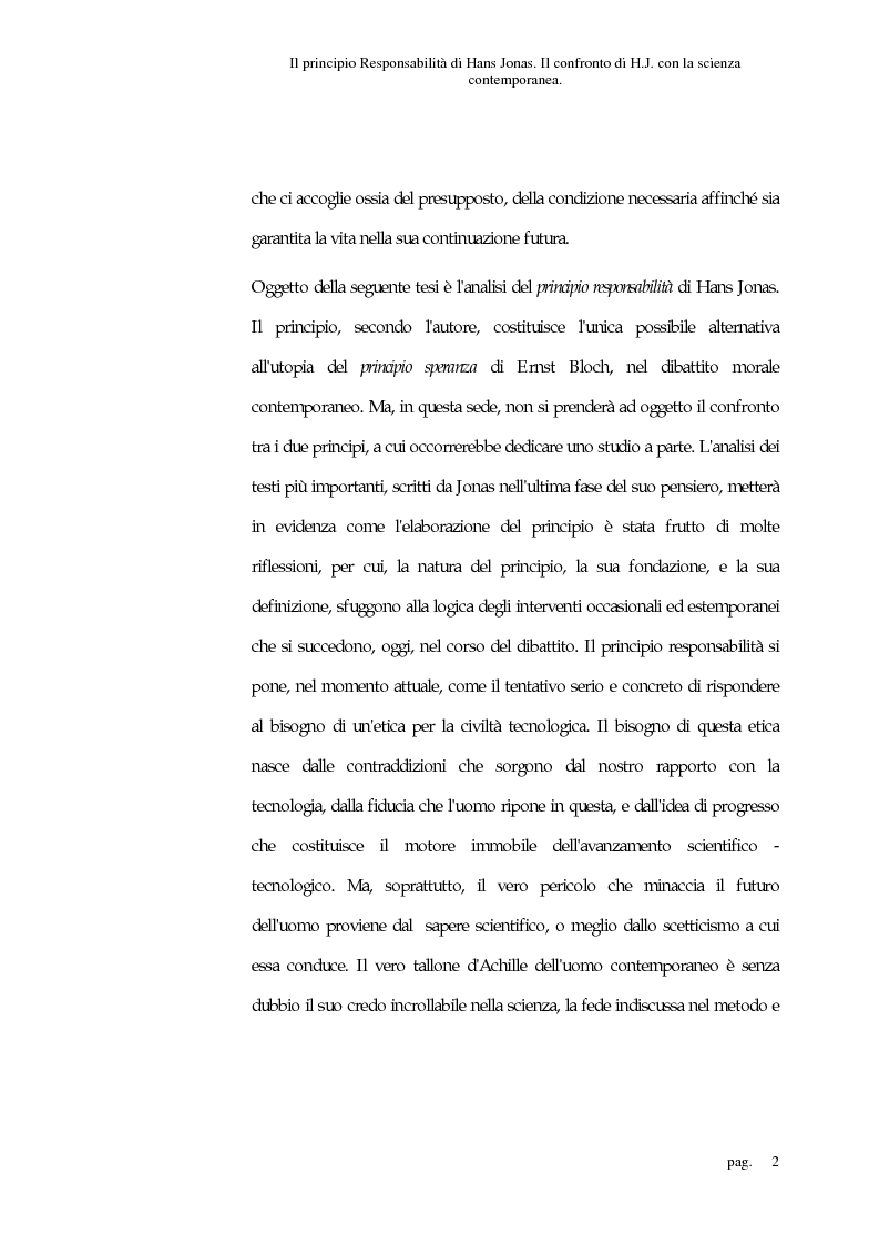 Anteprima della tesi: Il principio responsabilità di Hans Jonas. Il confronto di H. J. con la scienza contemporanea, Pagina 2