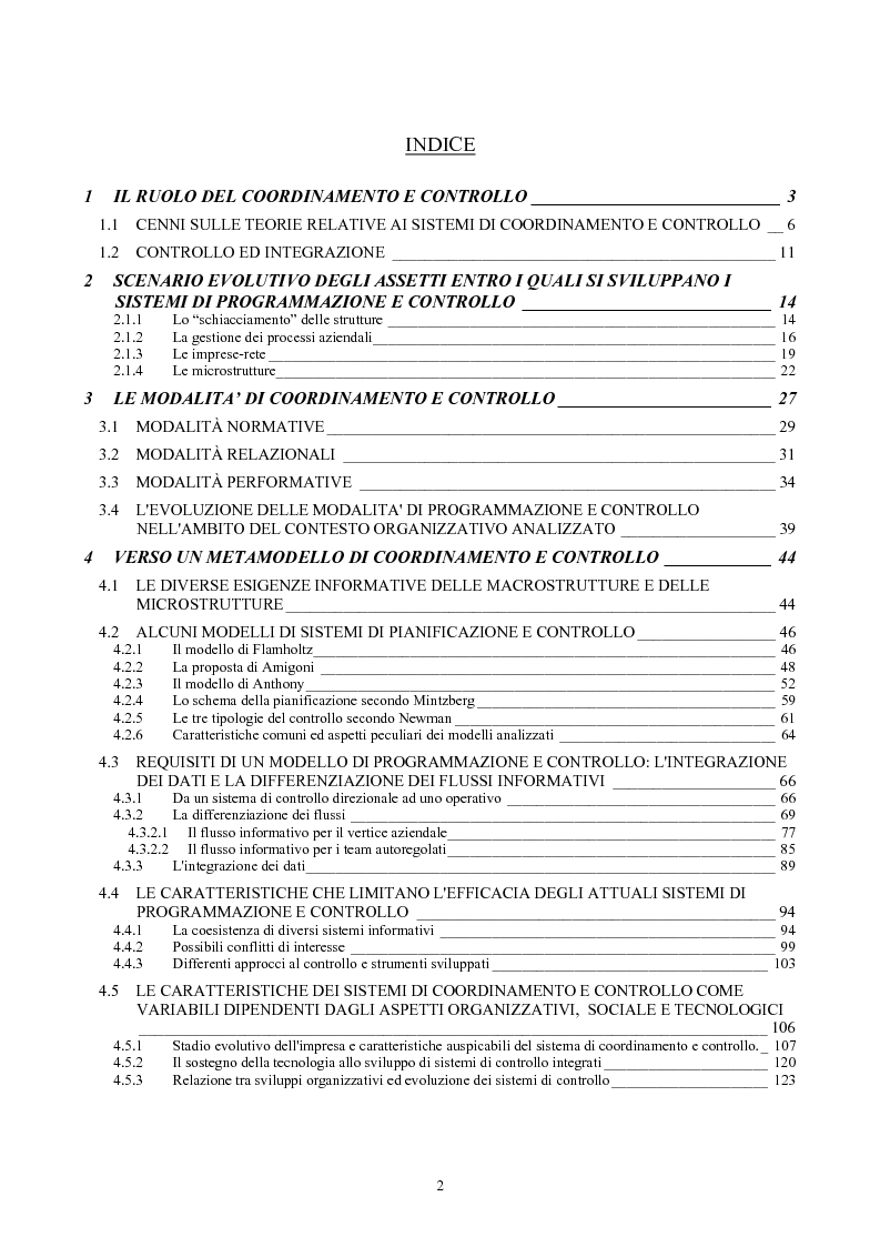 Indice della tesi: Sistemi di programmazione e controllo nelle organizzazioni basate su team autoregolati, Pagina 1