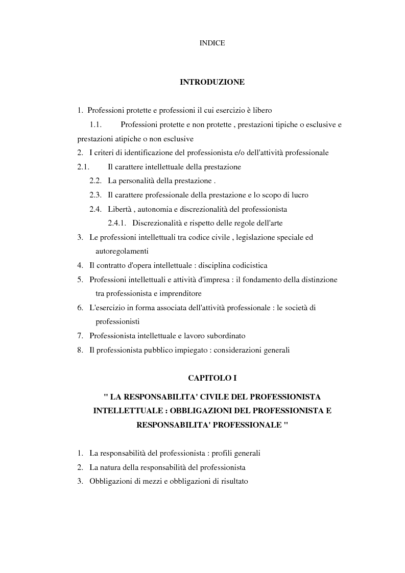 Indice della tesi: Lavoro professionale e responsabilità, Pagina 1