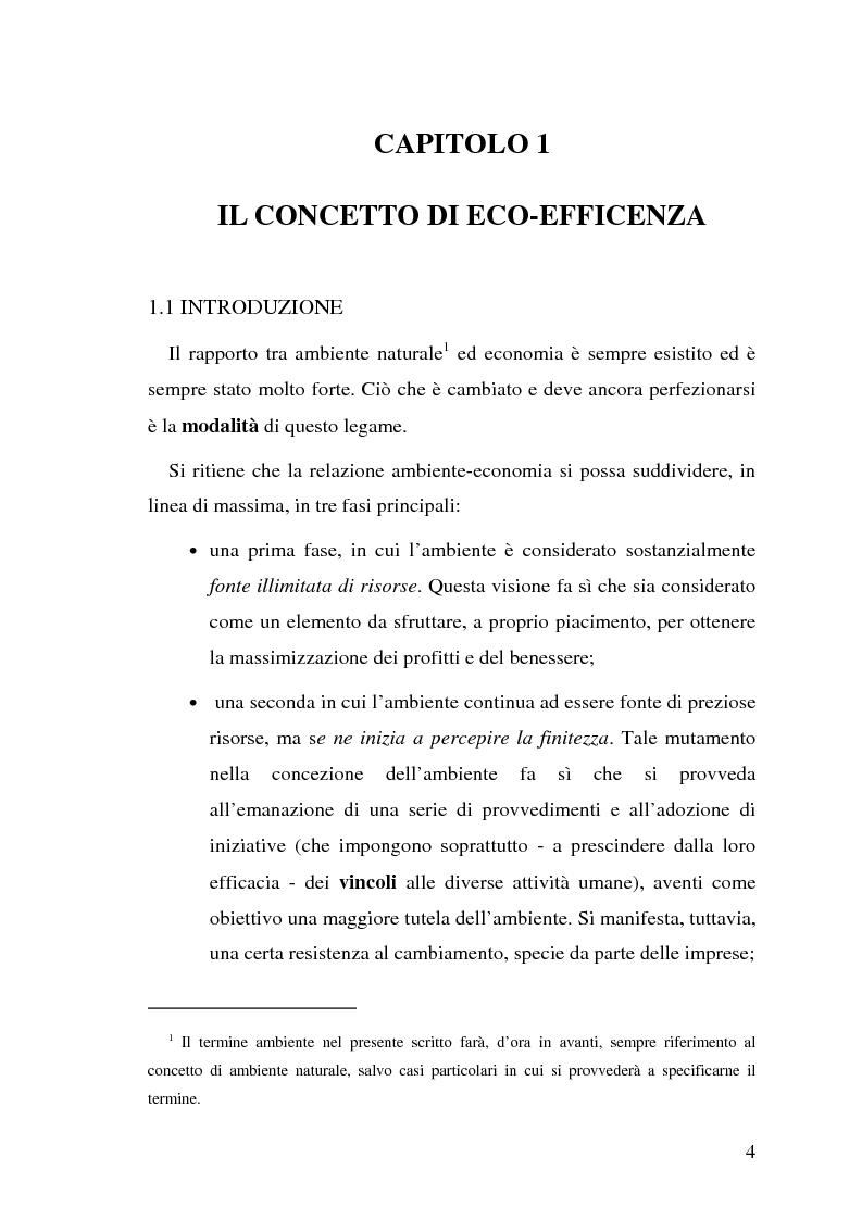 Anteprima della tesi: Dall'eco-efficienza all'eco-valore: opportunità di business e strategie di tutela ambientale. La tutela dell'ambiente come fonte di vantaggi competitivi., Pagina 4