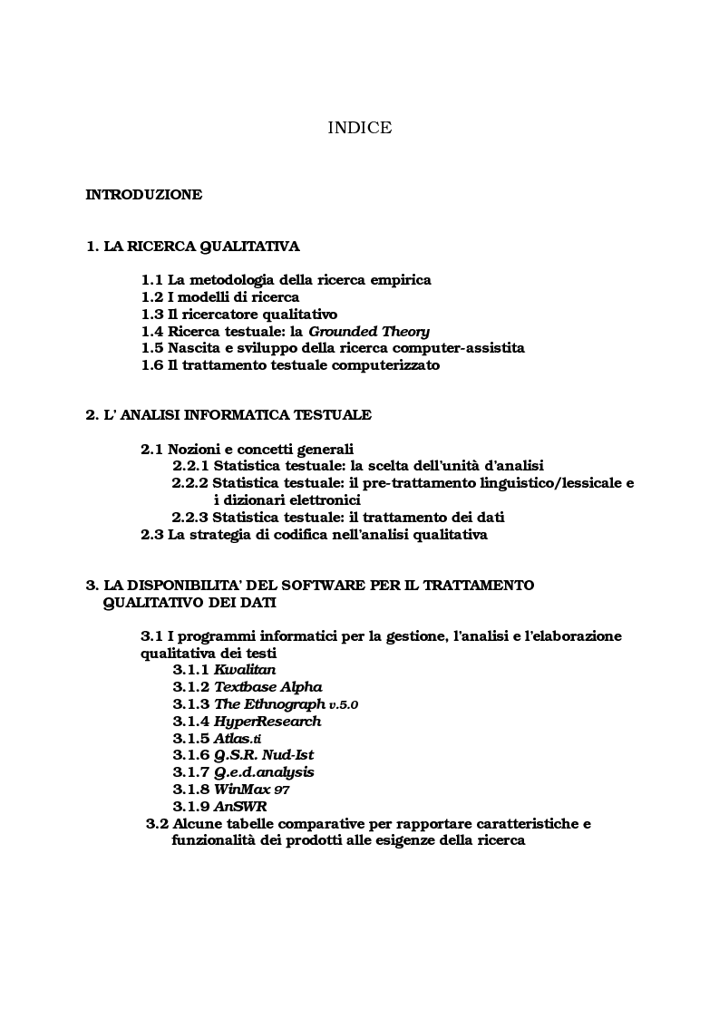 Indice della tesi: Ricerca qualitativa e software per l'analisi dei dati testuali, Pagina 1