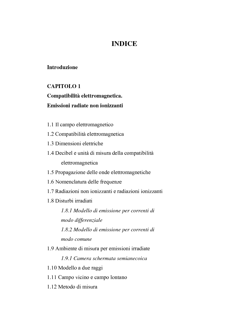 Indice della tesi: Prove sperimentali di emissioni di campo elettromagnetico prodotto da apparecchi illuminanti con lampade fluorescenti. Andamento del campo, Pagina 1