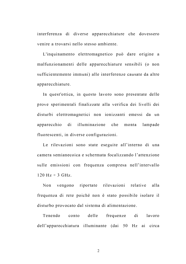 Anteprima della tesi: Prove sperimentali di emissioni di campo elettromagnetico prodotto da apparecchi illuminanti con lampade fluorescenti. Andamento del campo, Pagina 2