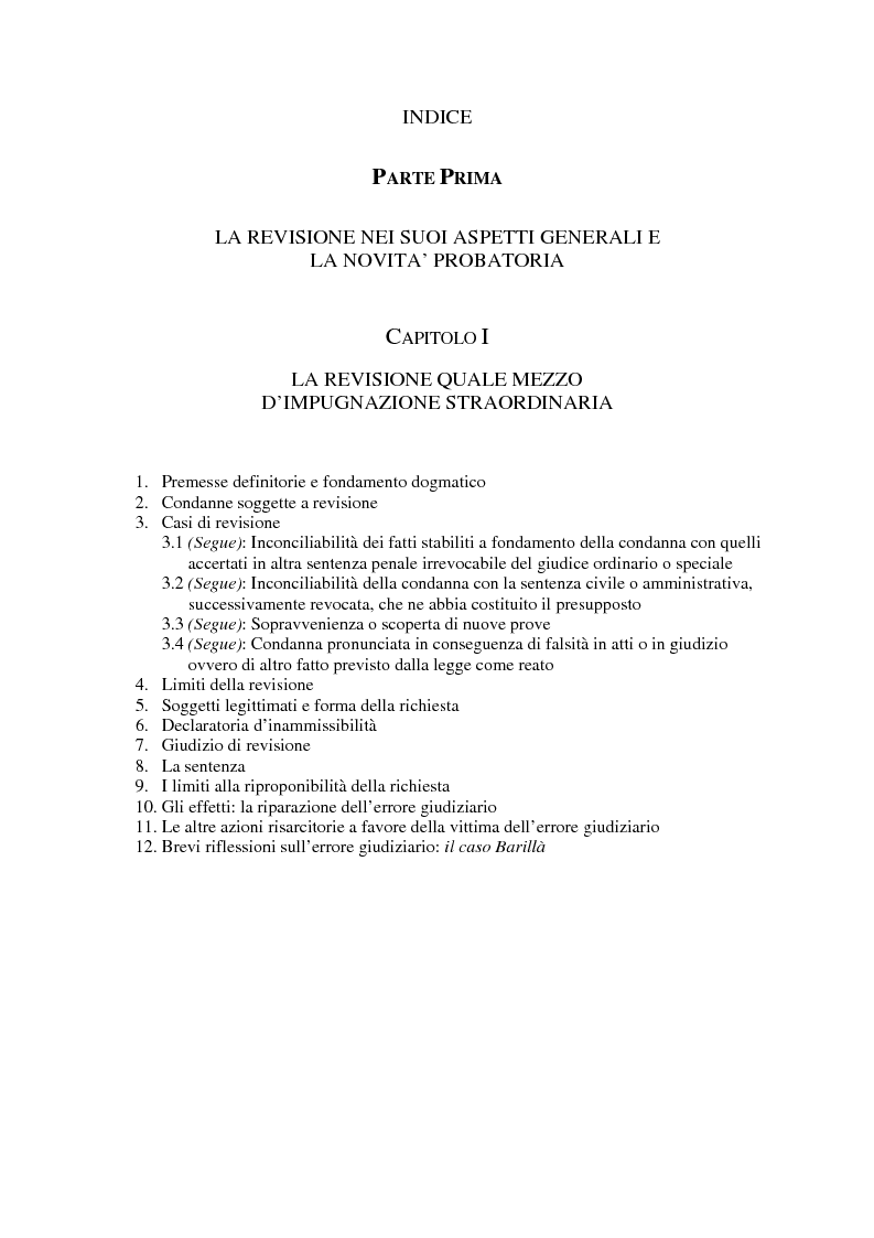 Indice della tesi: Il concetto di ''nuove prove'' ai fini della revisione, Pagina 1