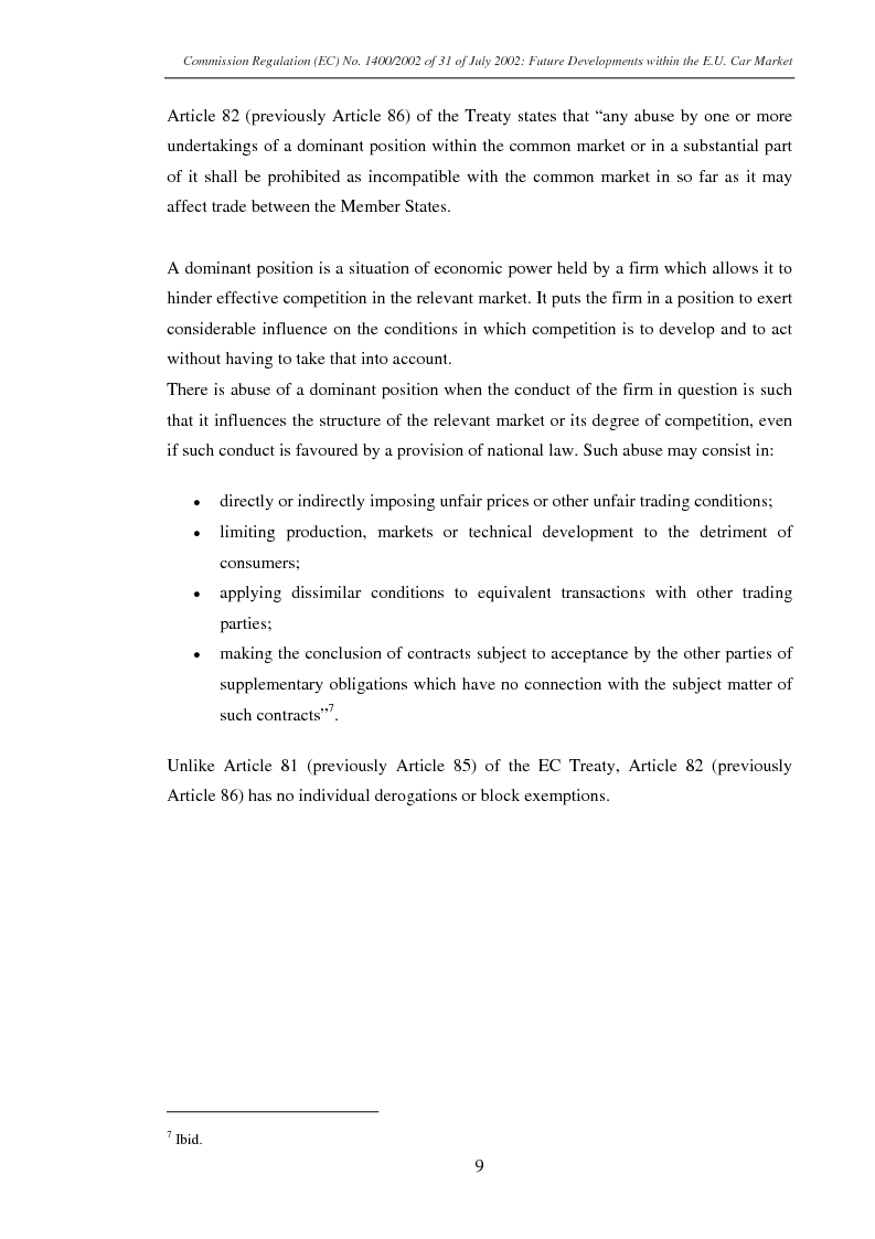 Anteprima della tesi: Commission Regulation (EC) No. 1400/2002 of 31 July 2002: Future developments within the E.U. car market., Pagina 7