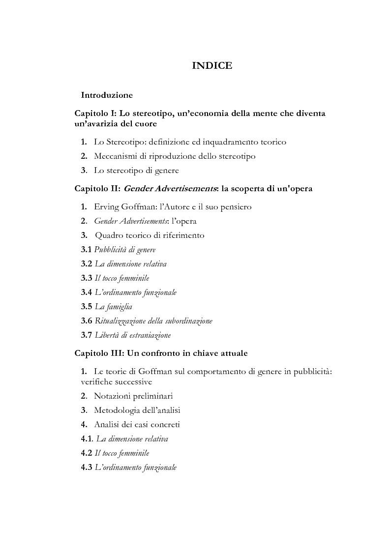 Indice della tesi: Gender Advertisements, Erving Goffman, 1979: un confronto in chiave attuale, Pagina 1