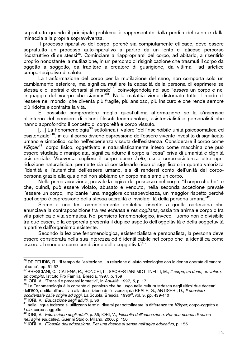 Anteprima della tesi: Il corpo ritrovato. Intervento educativo con donne operate di tumore al seno attraverso la metodologia della Biodanza, Pagina 12