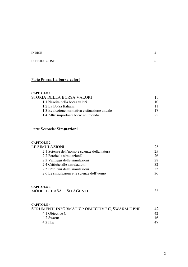 Indice della tesi: Aste a chiamata, controllo dei prezzi ed esperimenti con agenti umani ed artificiali in un modello di simulazione di borsa, Pagina 1