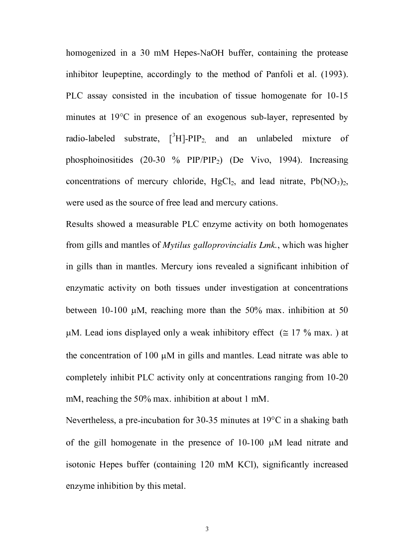 Anteprima della tesi: Effetto in vitro dei metalli pesanti piombo e mercurio sull'attività dell'enzima fosfolipasi C nelle branchie e nel mantello del mollusco marino Mytilus galloprovincialis Lmk, Pagina 3