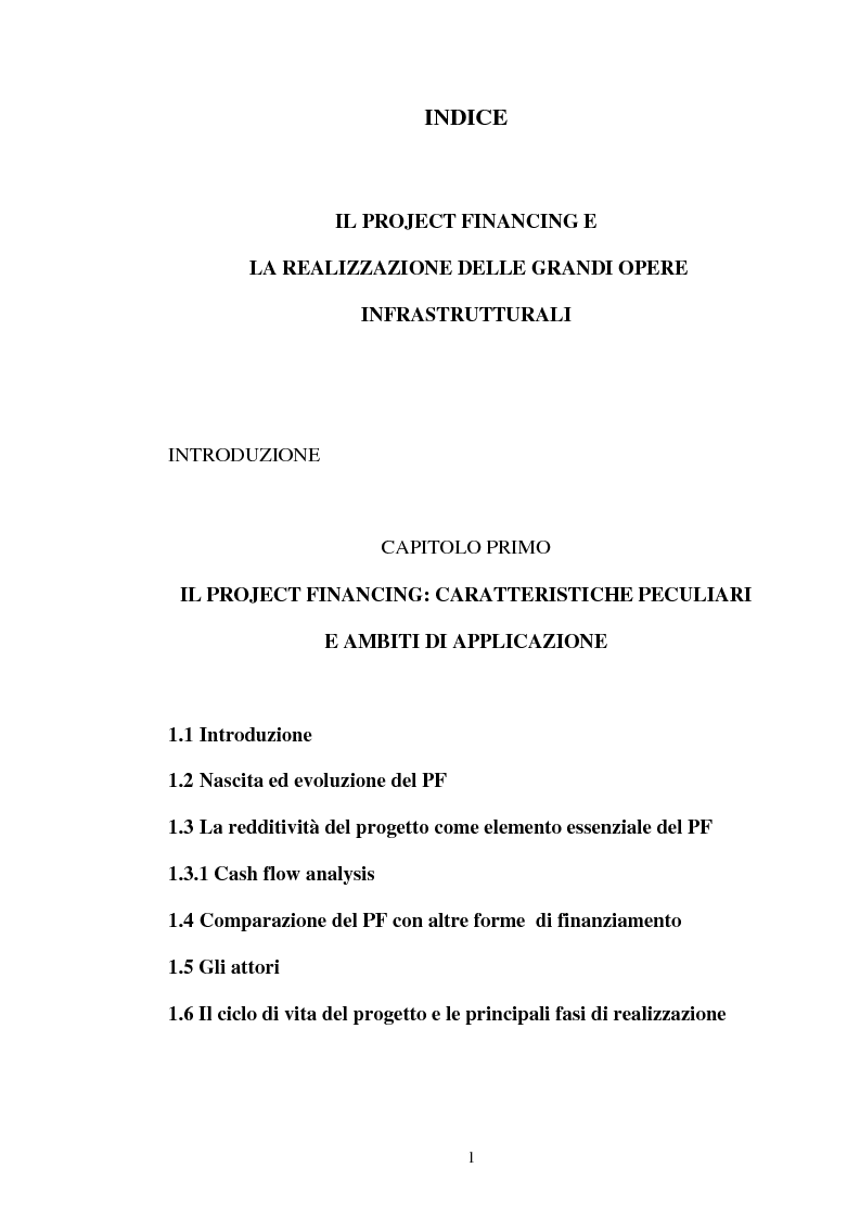 Indice della tesi: Il project financing e la realizzazione delle grandi opere infrastrutturali, Pagina 1