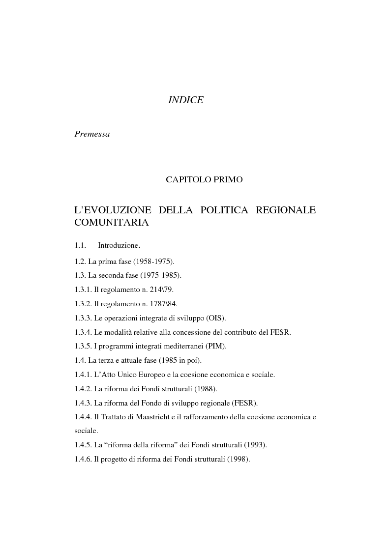 Indice della tesi: Le regioni meno sviluppate tra interventi comunitari e aiuti di stato, Pagina 1