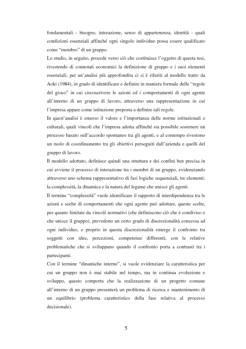 Anteprima della tesi: Un'analisi dei meccanismi di coordinamento, incentivazione, controllo nei gruppi di lavoro ed integrazione nell'organizzazione, Pagina 5