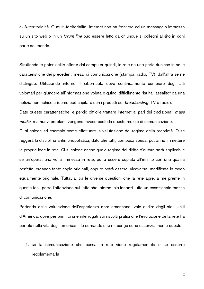 Anteprima della tesi: La libertà di manifestazione del pensiero in rete con particolare riferimento all'esperienza Nord Americana, Pagina 2