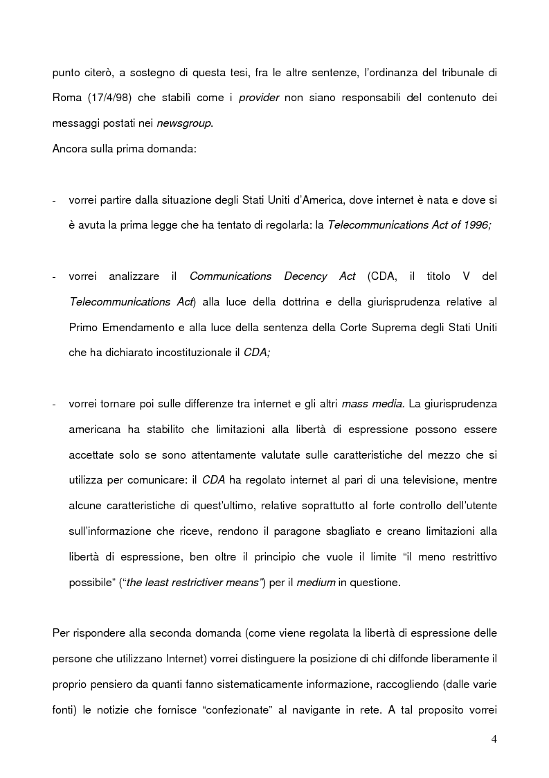 Anteprima della tesi: La libertà di manifestazione del pensiero in rete con particolare riferimento all'esperienza Nord Americana, Pagina 4