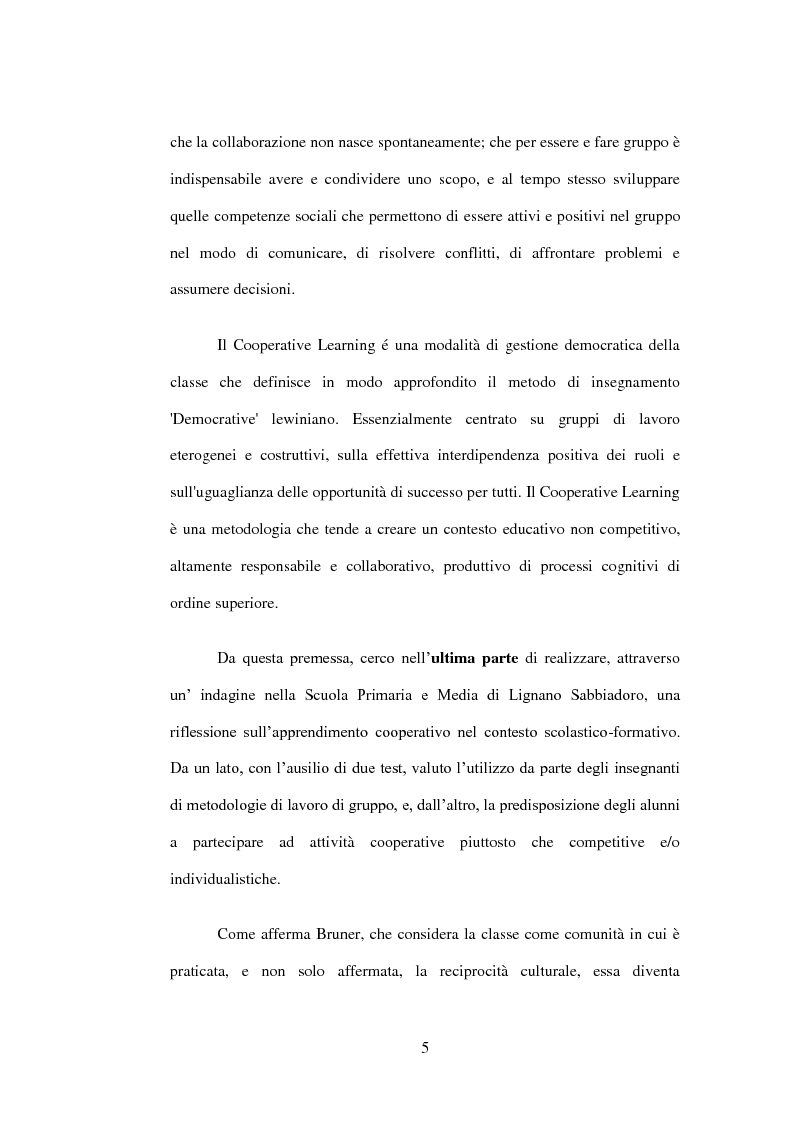 Anteprima della tesi: Dal gruppo al gruppo-classe. Il metodo del cooperative learning: una riflessione sugli aspetti sociali, cognitivi ed emotivi dell'acquisizione delle conoscenze, Pagina 5